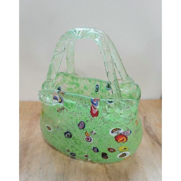 Vintage Italian Murano Style Millefiori Blown Art Glass Purse Handmade Green